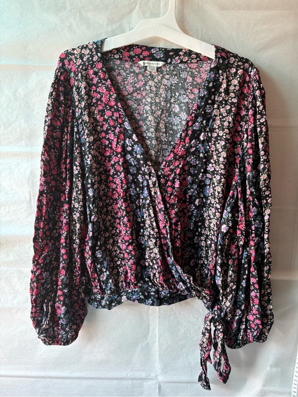 American Eagle Outfitters Black Floral Wrap Top with Pink & Purple Blossoms
